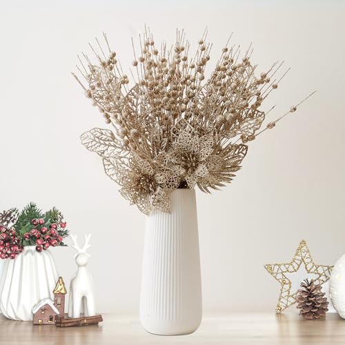 24 Pack Christmas Tree Ornaments - Artificial Flowers Glitter Berry Stems Christmas Floral Picks Branches for Xmas Tree Decorations Vase Filler Holiday Wedding Party Home Decor (Champagne) - image 4