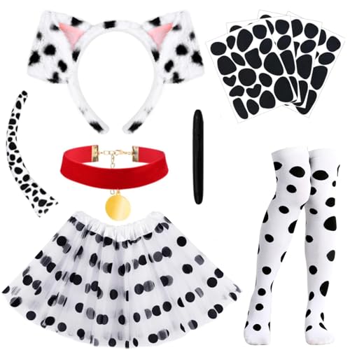10 Pcs Halloween Dalmatian Costume Include Dog Ear Headband Velvet Choker Tail Tutu Skirt Knee Socks and Felt Stickers (Adult)