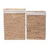 Handmade Wicker Laundry Hampers - Set of 2 Water Hyacinth Storage Baskets with Integrated Handles, Removable Liners, and Lids by Villacera (Natural)