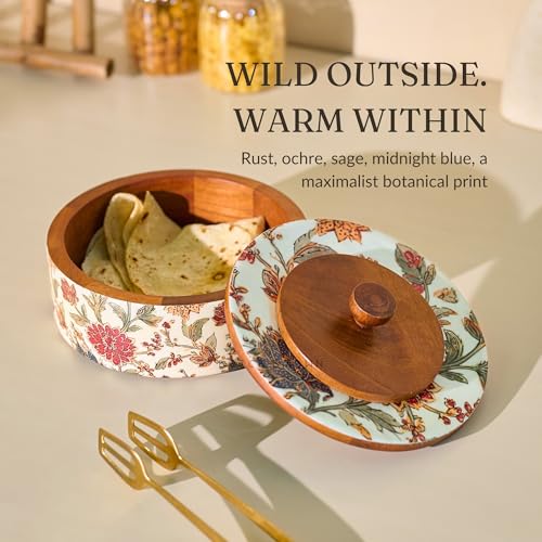 Image of Brick Brown Bela Wooden Roti Box with Lid | Solid Wood Chapati Box for Kitchen & Dining | Designer Roti Casserole /Roti Hot Pot Case | Handmade Roti Dabba Serveware | Roti Container (8x8x4.2 Inch)