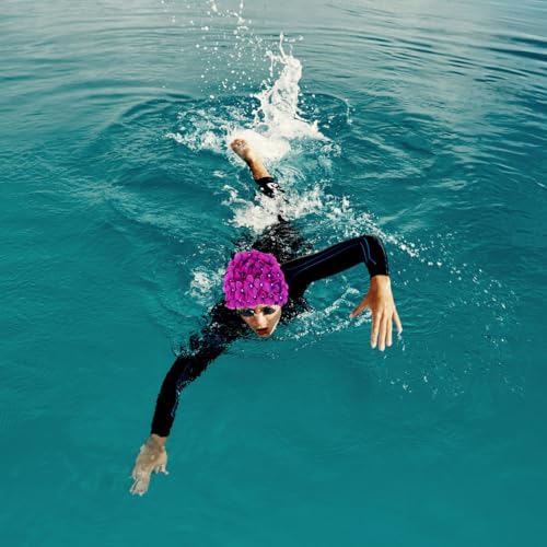 Image of Housoutil Flower Swimming Caps, Floral Swim Cap Women, Vintage Flower Swimming Hat with Handcrafted Petals, Soft Fabric Breathable Bathing Hat for Pool Spa Accessorizing (Pink)