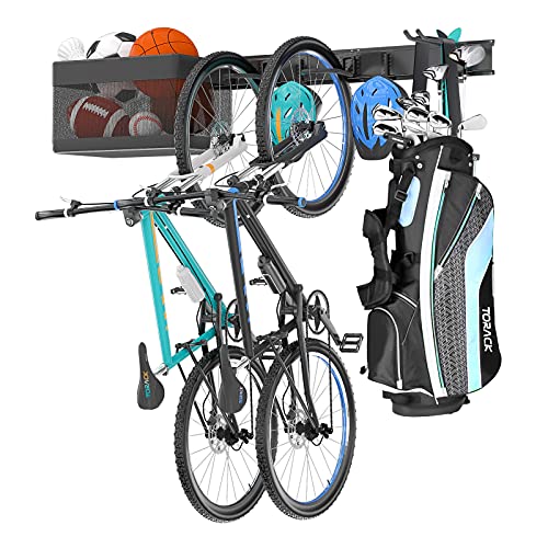 TORACK Bike Storage Rack with Storage, 2 Bike Racks & 2 Hooks w/Storage Basket & Tool Storage Rack, Wall Mount Compact Garage Organizer for Road, Mountain, Hybrid, Kids Bikes, Sports Storage Station
