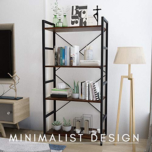 HATON 4-Tier Bookshelf, Simple Industrial Bookcase Standing Shelf Unit Storage Organizer with Wood Look Accent and Iron Frame for Home, Office, Study - Rustic Brown - Thumbnail 3