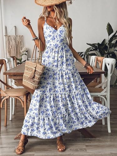 Image of Narecte Women Summer Beach Dresses Maxi Dress Spaghetti Strap Flowy Casual Dress Bohemian Dresses for Vacation & Holiday