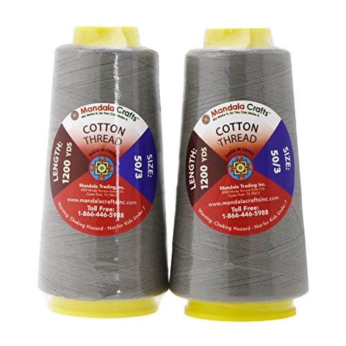 Image of Mandala Crafts Gray Mercerized Cotton Thread Cones for Sewing Quilting | 2400 Yds 50 WT, 100% Long Staple Cotton, Multipurpose, for Embroidery, Piecing, Sergers, Applique, Machine and Hand Sewing