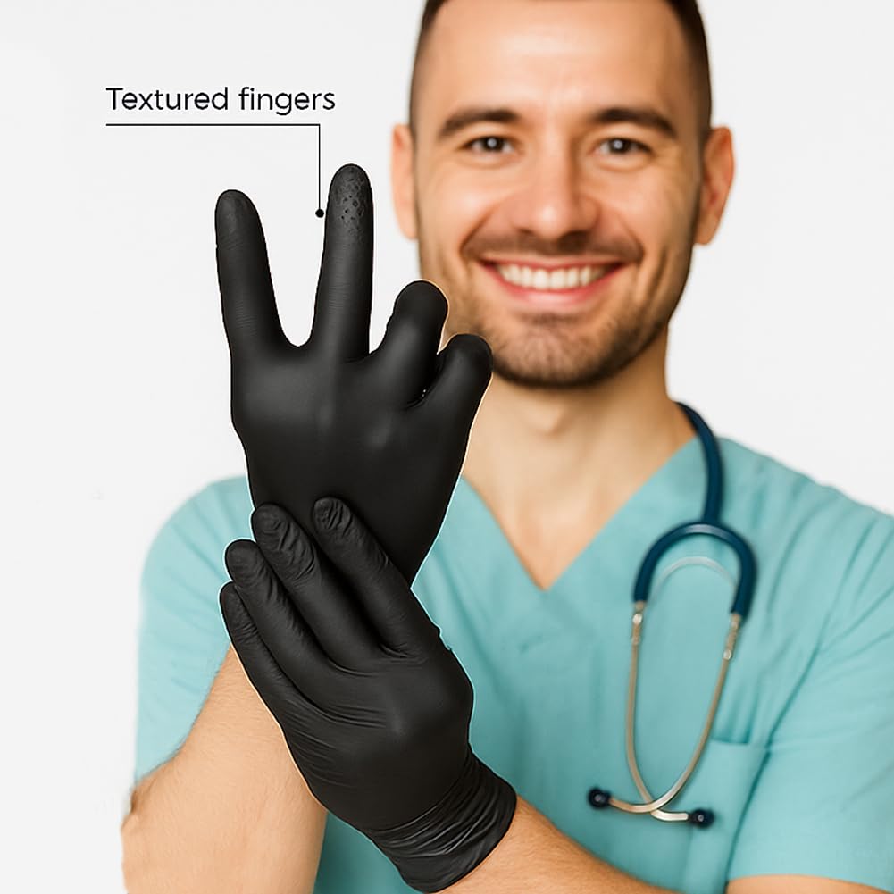 BAKAJI 1000 x guantes desechables de nitrilo de color negro, sin polvo ni látex, hipoalergénicos, biosuaves, dedos texturizados, aptos para uso médico, alimentario, cocina, hogar, limpieza (M)