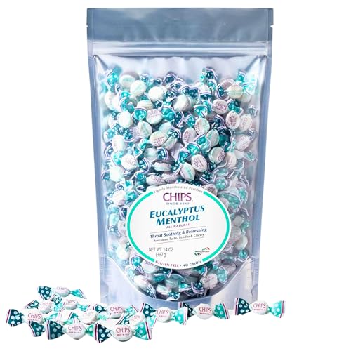CHIPS Eucalyptus Menthol Italian Throat Pastilles, Soothing and Refreshing, All-Natural Vegan Candy, Gluten Free, Non-GMO, Prebiotic, 14 Oz, 350 Count