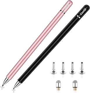 CoolQi Stylus for iPad Pens Touch Screen 2 in 1 Magnetic Disc (2 Pcs) Styli Pencils Apple iPhone/Ipad pro/Mini/Air/Android/Microsoft/Surface and Screens with 6 Tips-Pink/Black(2Pcs) Black+Pink Pen-P