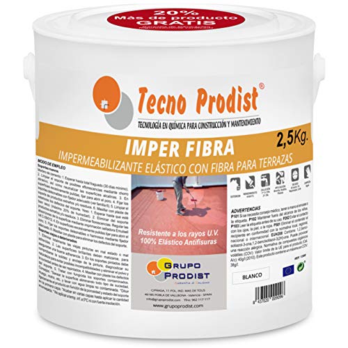 IMPER FIBRA de Tecno Prodist - (2,5 Kg, BLANCO) Pintura Terrazas Impermeabilizante y elástica con Fibras Incorporadas - Gran cubrición - (A Rodillo o brocha, disponible en color rojo o blanco)