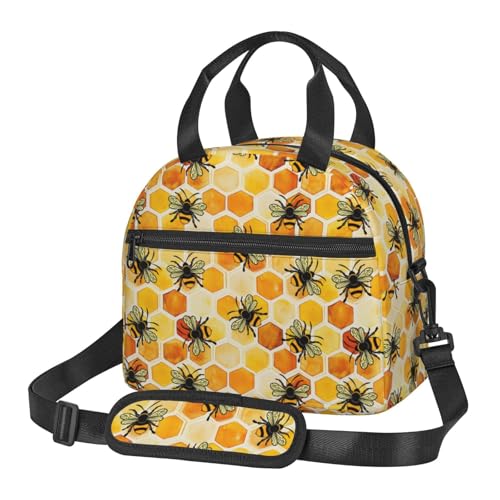 Tezmd Yellow Honey Bee Reusable Insulated Lunch Box Waterproof Lunch Bag with Detachable and Adjustable Shoulder Strap for Office Picnic or Travel