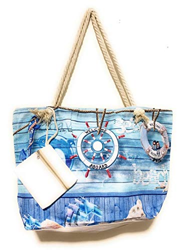 AMAYA Bolsa de Playa Grande con Cremallera diseño Multi color, con bufanda colorida variada, mas Monedero Shopper Bolsa de Hombro (MARINERO)