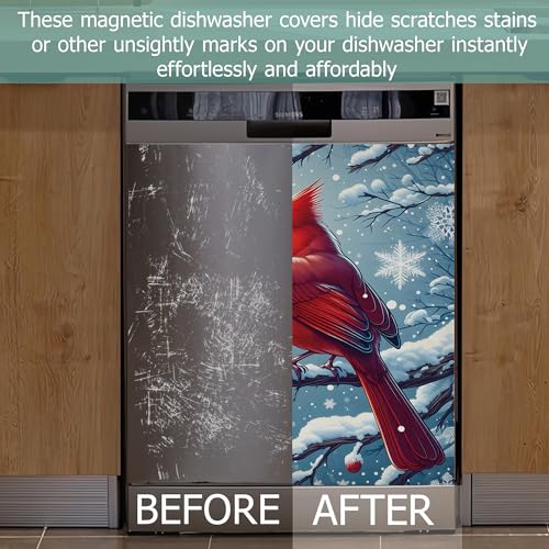 Image of Dishwasher Magnets Decorative Cover,Red Cardinal Refrigerator Magnet Cover,Washable Winter Berry Dishwasher Front Panel Cover Home Kitchen Decoration 23x26 Inch