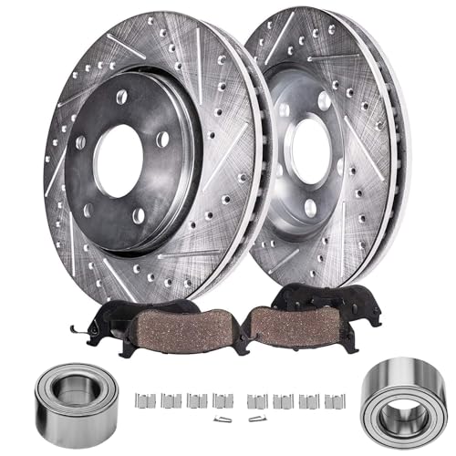 Image of Detroit Axle - Front Brake Kit for 07-14 Ford Edge 2007-2015 Lincoln MKX | Drilled Brake Rotors Ceramic Brake Pads Wheel Bearing Hubs 2008 2009 2010 2011 2012 2013 Replacement [12.60 inch Rotors]