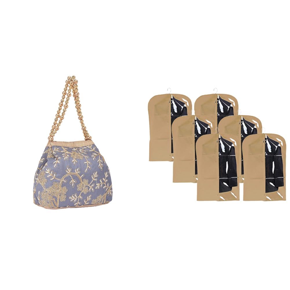 kuber industries Potli Bags for Ladies & Girls | Women Shagun Pouches for Festive Seasons | Batwa Bag + Half Transparent 6 Pieces Non Woven Men's Coat Blazer Cover (Brown) - CTKTC30921-picture-35