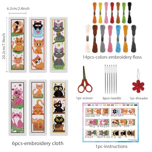 Image of INFUNLY 6 Set Cat Cross Stitch Bookmark Kits Carton Kitten DIY Cross Stitch Kit for Beginners Black Cat Stamped Embroidery Bookmark Kit with Backing Felt Floss Instruction for Starters Book Lovers