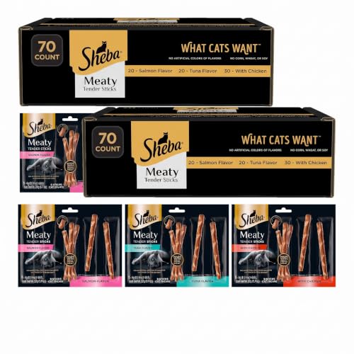 Sheba Meaty Tender Sticks Cat Treats Chicken,Tuna Flavor,or Salmon Flavor,0.14 oz.,70 Count (Pack of 2) - image 1