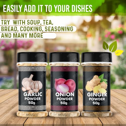 Image of HARIBAS Combo Dry Onion Powder, Garlic Powder and Ginger Powder (Adrak /Sunth) 50gm Each | For Cooking & Baking | Gluten Free Seasoning (Pack of 3)