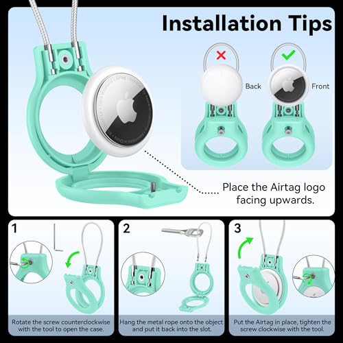 Image of Meliya at Holder for Apple at Secure Holder with Wire Cable, 4 Pack Air Tag Lock Case Keychain Key Ring Key Chain Luggage Tag for Keys, Luggage & More - Mint Green
