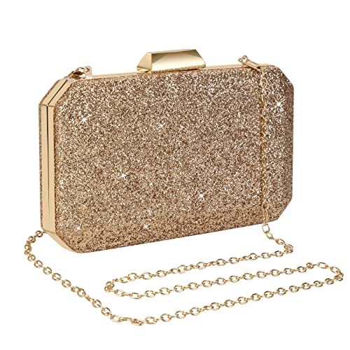 Bolso de Fiesta Noche para Mujer, Moda Brillante Bolsas de Embrague Bandolera Bling Glitter Clutches Bag Bolso de hombro con Cadena para Bodas, Fiesta, Ceremonias, Evento, Cita, Cócteles (Dorado)