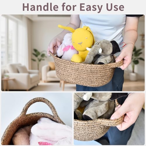 Image of ABenkle Small Basket with Handles, Boho Decorative Rope Woven Dog Cat Toy Storage Bin Shelf Storage Organizer, Easter Christmas Gift Basket, 12 inchx8 inchx5 inch