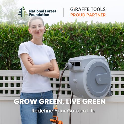 Giraffe Tools Retractable Garden Hose Reel, 5/8 in x 90 ft Heavy Duty Hose Reel With 9 Pattern Nozzle, Any Length Lock, Wall Mount Water Hose Reel, 180°Swivel, Light Grey by Giraffe Tools - Used condition - Image 7