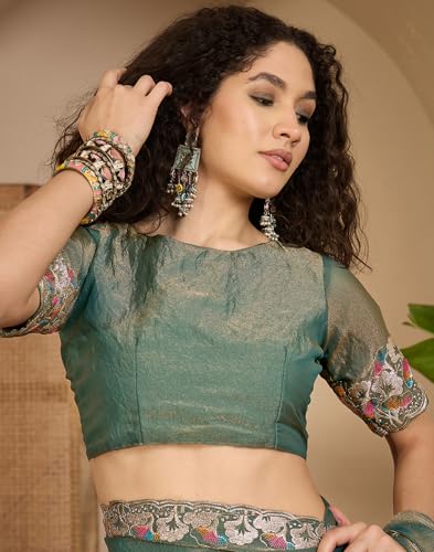 Image of SIRIL Women's Shimmer Georgette Scalloped Border Sequins Embroidery Saree with Unstitched Blouse Piece