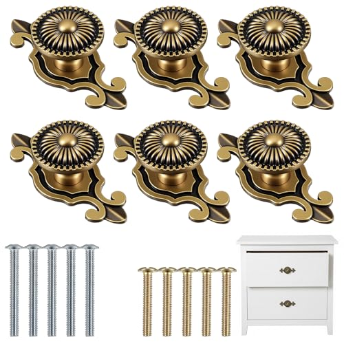 Afcabakila 6 Pack Brass Cabinet Knobs Vintage Retro Mushroom Drawer Knobs with Backplate, Zinc Alloy Round Dresser Pull Handles with Antique Bronze Back Plate for Kitchen Wardrobe Dresser Cupboard