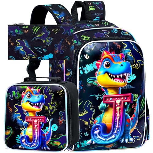 UFNDC Mochila infantil infantil com 3 peças, conjunto com letra J, com lancheira, resistente à água para crianças do ensino fundamental
