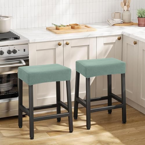 Image of YISUN Stool Covers Rectangle - 2 Pack Stretch Waterproof Saddle Seat Cover Counter Bar Stools Bar Chairs Covers Kitchen Island Chairs Cushion Protector (2, Green)