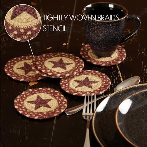 VHC-Brands-Burgundy-Tan-Jute-4-Stencil-Star-Coaster-Set-of-6-Red VHC Brands Burgundy Tan Jute 4 Stencil Star Coaster Set of 6 Red