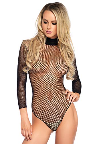 Leg Avenue Women's Fishnet high neck long sleeved bodysuit with snap crotch, Black