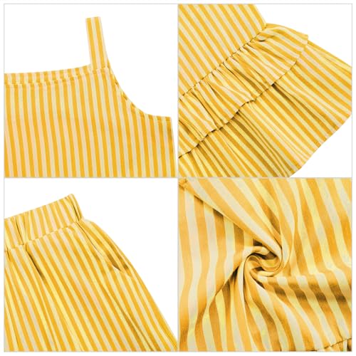 Image of Girl's 2 Piece Striped Outfits Cami Top Wide Leg Pants Ruffle Hem Summer Clothes with 2 Pockets 3-14Y