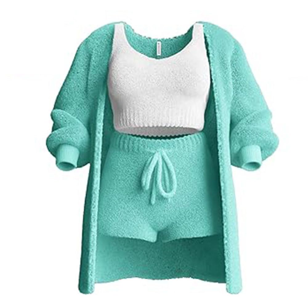 Conjunto de Punto de 3 Piezas,Pijama Sexy de Forro Polar difuso y cálido para Mujer,Conjunto de Ropa de Dormir de 3 Piezas,Tops Cortos sin Mangas