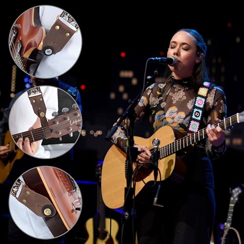 Image of Nefelibata Guitar Strap,Jacquard Embroidery Cotton Guitar Straps with Crazy Horse Leather Ends for Bass, Electric & Acoustic, Best Gifts for Kids, Guitarists(Smiling Black Embroidery)