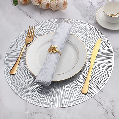 Evevda Placemats For Dining Table Set Of 6 Round Hollow Out Table Mats Pressed Metallic Vinyl Plastic Place Mats Table Decoration For Holiday Wedding Accent Centerpiece(Silver Radial Circle) #TOP1
