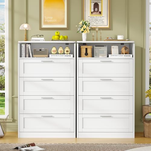 Image of TEENFON Dresser for Bedroom, Tall White Dresser with 4 Drawers, Dressers with Mirror, Chest of Drawers for Bedroom, Living Room, Closet, Hallway, White