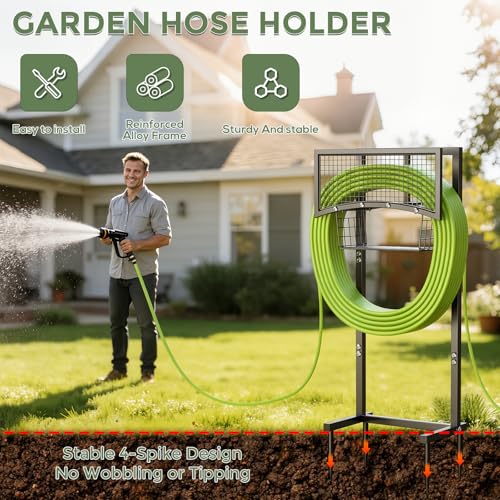 MLICAWU Garden Hose Holder Freestanding with Storage Basket, Holds Up to 165FT Hose, Heavy Duty Metal Water Hose Holder with 4 Anchor Spikes, for Yard, Lawn & Patio - image 3