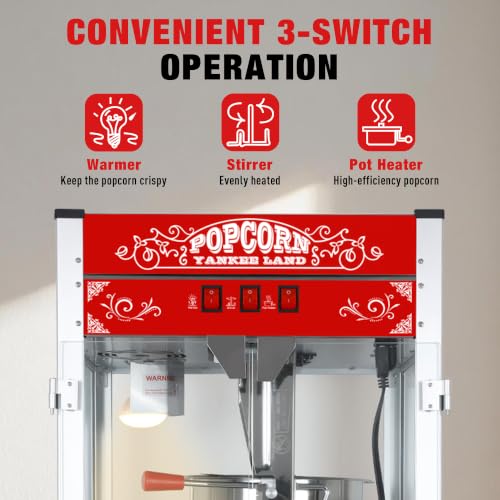 Image of Countertop Popcorn Machine 16 Oz Popcorn Maker for Commercial Red | 3 Independently Controlled Switches, Easy to Use /Clean, Vintage Design, Quick Heat, Great for Commercial /Home
