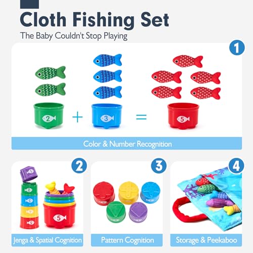 hahaland toddler toys montessori toys for 1 year old boy girl birthday gift - 10 in 1 cloth fishing game christmas toddler gifts 1-3 with stacking cups - number counting color sorting learning
