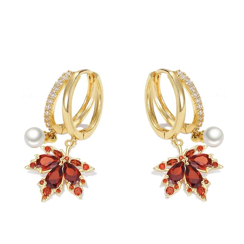 Pearl Mapel Leaf Dangle Hoop Earrings for Women Girls Cubic Zirconia Small Huggie Hoops Thanksgiving Earrings Fall Leaves Drop Thanksgiving Jewelry Xmas Gifts