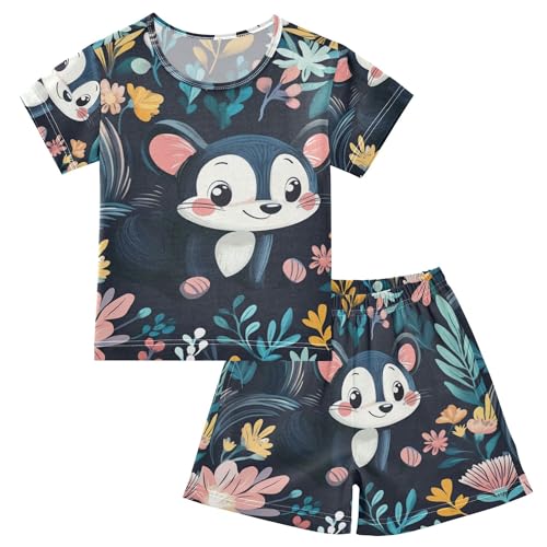 Cute Skunk Floral Summer Pajamas Set 2 Piece Short Cotton Sleepwear, 5-14 Years