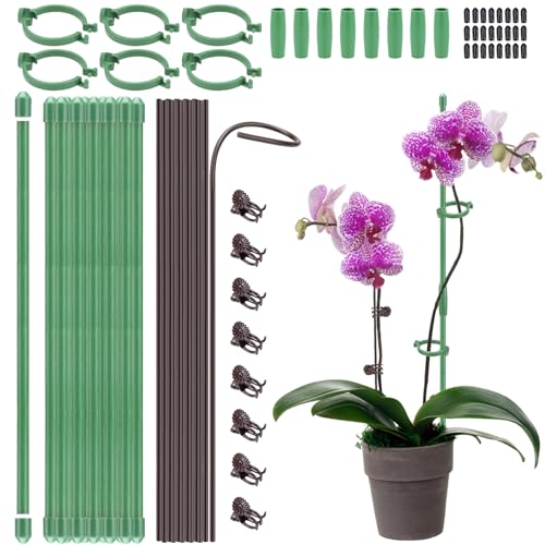 24 Pcs Adjustable Plant Support Stakes Kit for Indoor Plants 12 Inch Orchid Sticks and Clips Set Bendable Single Stem Support Sticks Small Plant Stakes for Garden Potted Plants Orchid Rose Peony