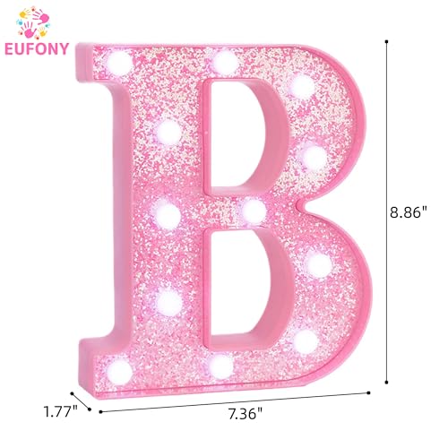 Image of Pink Marquee Light Up Letters, Glitter Alphabet LED Letter Lights for Pink Birthday Party Decorations, Battery Operated Letter Sign for Girls Room Vanity Table Decor, Cool White Lights Letter B