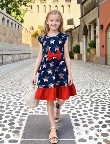 Toddler Girls American Flag Dress Bowknot Patriotic Dresses 4th of July Outfit Baby Independence Day Sundress 2-7T3