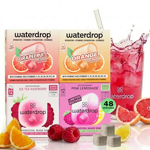 waterdrop Microdrink Lemonade Set - 48 Water Flavouring Hydration Tablets Flavoured Water Cubes in Orange Ice Tea Raspberry Grapefruit & Pink Lemonade Flavours with Vitamin C Vegan Sugar Free