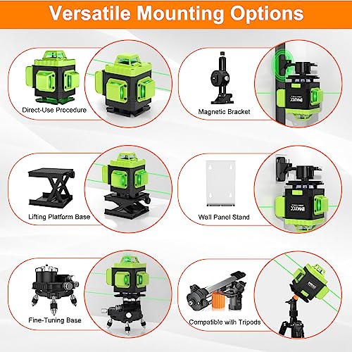 Image of IMAYCC Laser Level 360 Self Leveling, 16 Lines Green Beam Laser Level, 4x360 4D Cross Line Lazer Level for Construction with Remote Control, Anti-fall Box, Multiple Stands, Rechargeable Batteries