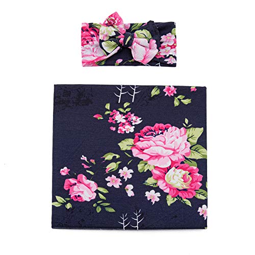Image of Galabloomer Newborn Receiving Blanket Headband Set Baby Flower Rose Swaddle with Big Bow (Blue Nights)