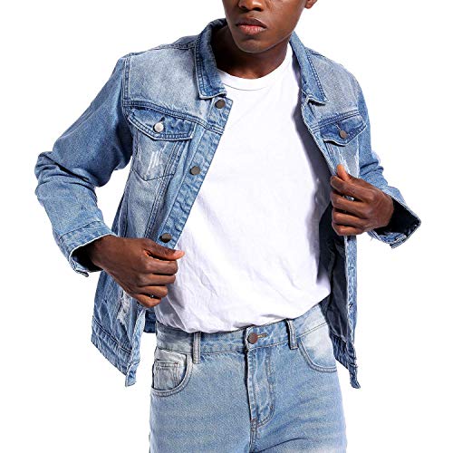 Image of Mens Denim Jacket Ripped Slim Jean Jacket Coat for Men