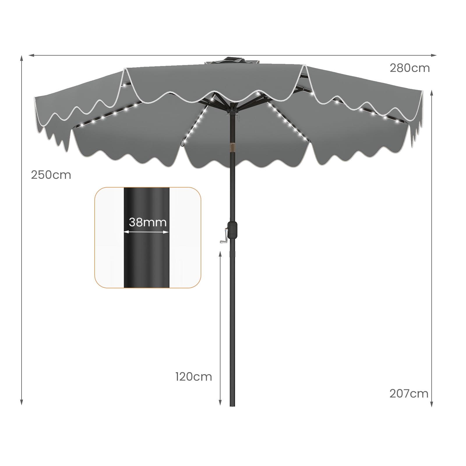 RELAX4LIFE Parasol de Jardin Exterieur 2,8m avec LED, Parasol Inclinable 30°&Démontable avec 12 Modes Éclairage, 2 Modes Charge, Manivelle Lisse, 8 Baleines&Bords à Volants, Terrasse&Piscine (Gris)