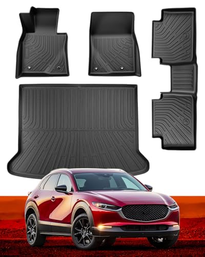 Car Floor Mats for Mazda CX30: 2020 2021 2022 2023 2024 2025 2026 All Weather Automotive Cargo Liners Full Set Accessories Cutsom Fit for Mazda CX-30 Black Rubber Tray Trunk Mat Gift